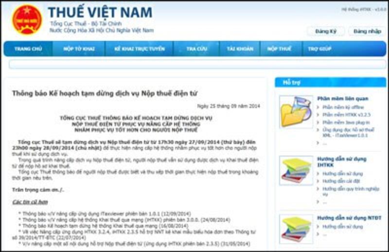 Trang web kê khai thuế doanh nghiệp trên mạng. Screen capture.