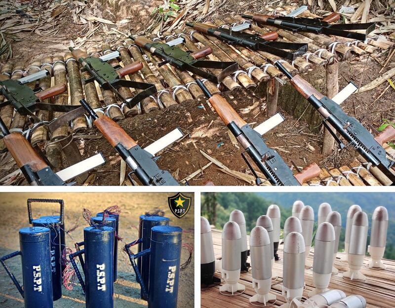 A composite photo shows guns (top), mines (bottom left), and bombs (bottom right) produced by the PSPT. Credit: PSPT