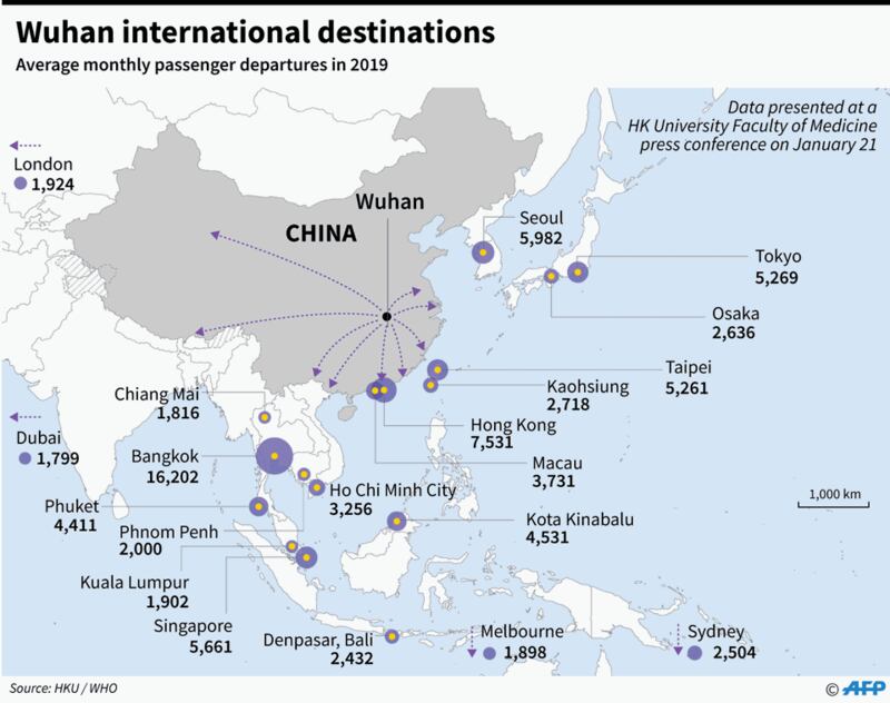 Hình minh họa. Bản đồ cho thấy luồng người đi hàng tháng từ Vũ Hán đến các nơi trên thế giới trong năm 2019