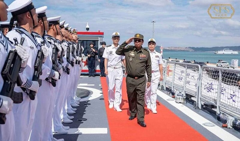 Cambodia's former Defense Minister Tea Banh salutes Chinese sailors during his visit to two Chinese warships docked at the Ream naval base in Cambodia, Dec. 3, 2023. (Tea Seiha via Facebook)