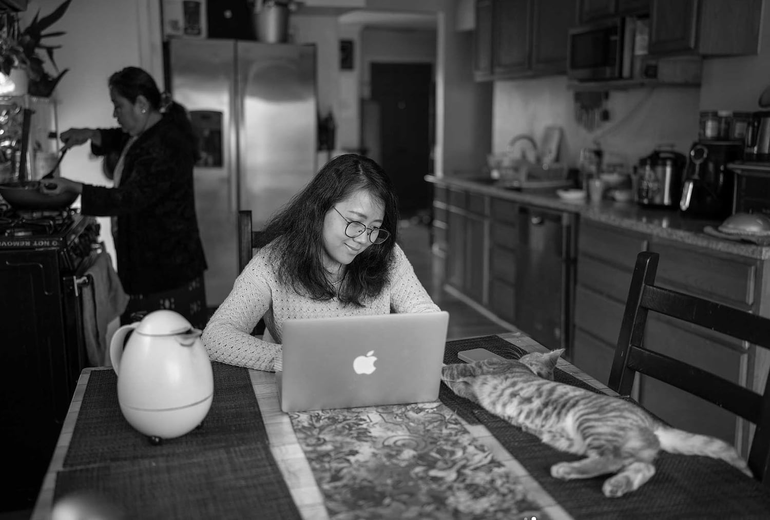 Aye Chan Mon, a press aide with Myanmar's National Unity Government, works from home as her cat tries to intervene.