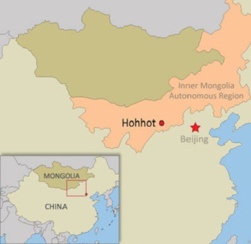 A map showing Inner Mongolia and Hohhot in China. Credit: RFA. 