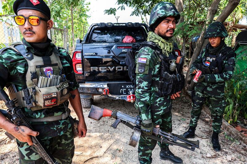 Soldiers from the Karen National Liberation Army prepare to patrol Myawaddy in Myanmar, April 15, 2024. (Athit Perawongmetha/Reuters)