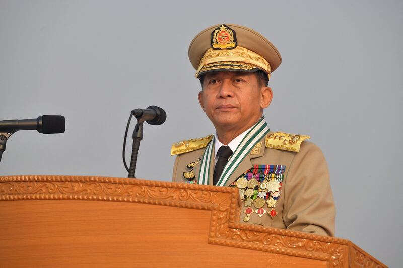 Myanmar junta chief Gen. Min Aung Hlaing attends a ceremony marking Armed Forces Day in Naypyidaw, March 2022. Credit: AFP/Myanmar Military Information Team