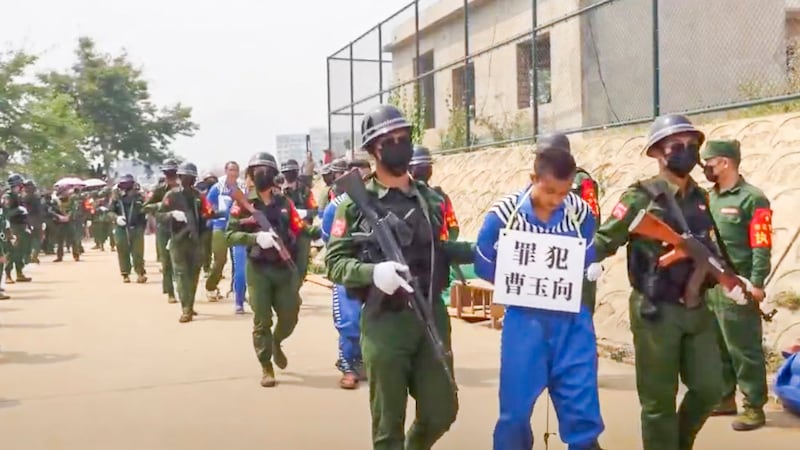 Screen capture from video of the Myanmar National Democratic Alliance Army sentencing former Kokang rebels, April 2024. (Kokang Information Network via Facebook)