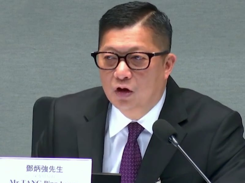 Hong Kong Secretary for Security Chris Tang speaks to the Legislative Council about people held in scam parks, in Hong Kong, Dec. 3, 2024.