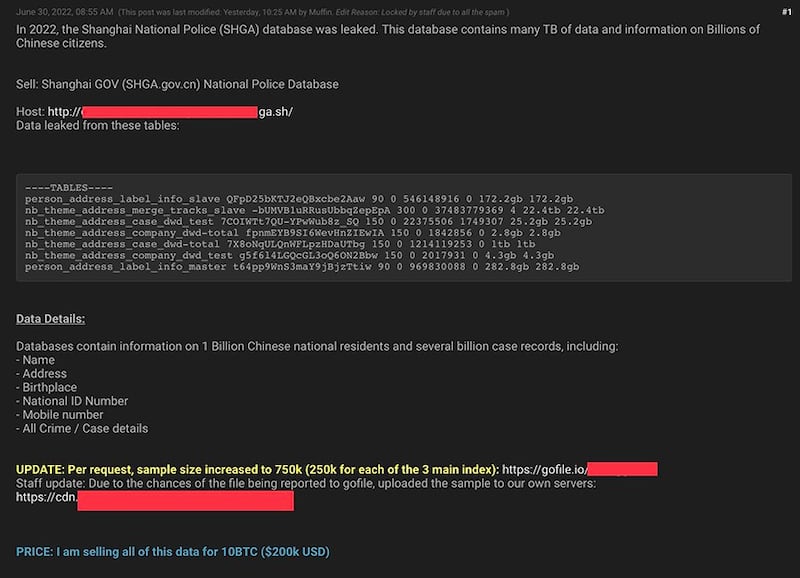 The seller offered in a forum to sell a database of 1 billion people from the Shanghai Public Security Bureau for 10 bitcoins. Credit: Web screengrab
