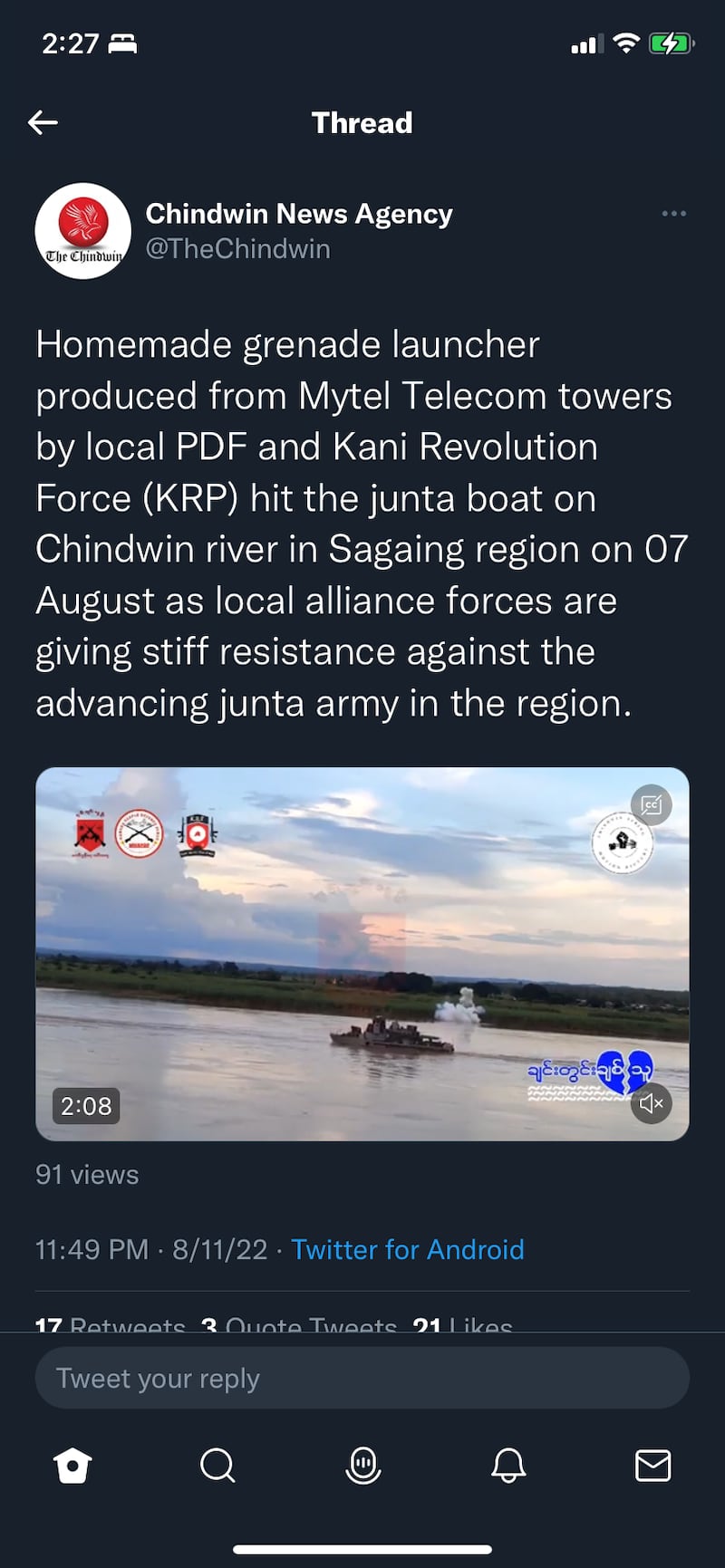 A tweet by Myanmar's Chindwin News Agency