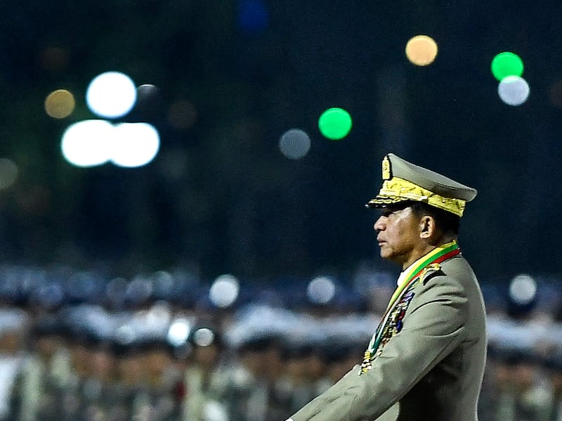 Myanmar's junta chief Min Aung Hlaing arrives to deliver a speech to mark the country's Armed Forces Day, in Naypyidaw on March 27, 2024.