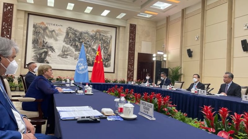 U.N. human rights chief Michelle Bachelet (2nd, left) meets with Chinese officials on her second day of a key visit to China. Credit: OHCHR Twitter.