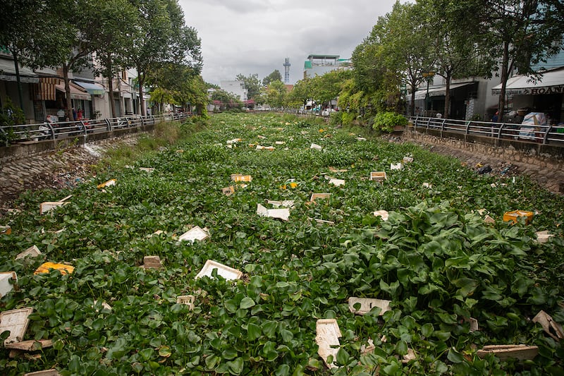 Plastic waste tangled in water hyacinths can contribute to flooding in Can Tho City in the Mekong Delta during Vietnam's rainy season.