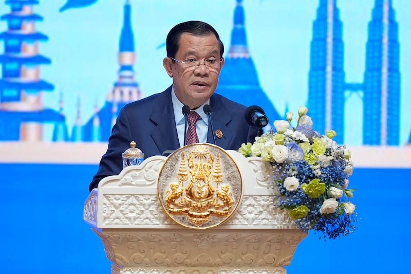 Cambodia Prime Minister Hun Sen speaks during the opening ceremony of the ASEAN Summit in Phnom Penh, Nov. 11, 2022. (Vincent Thian/AP)