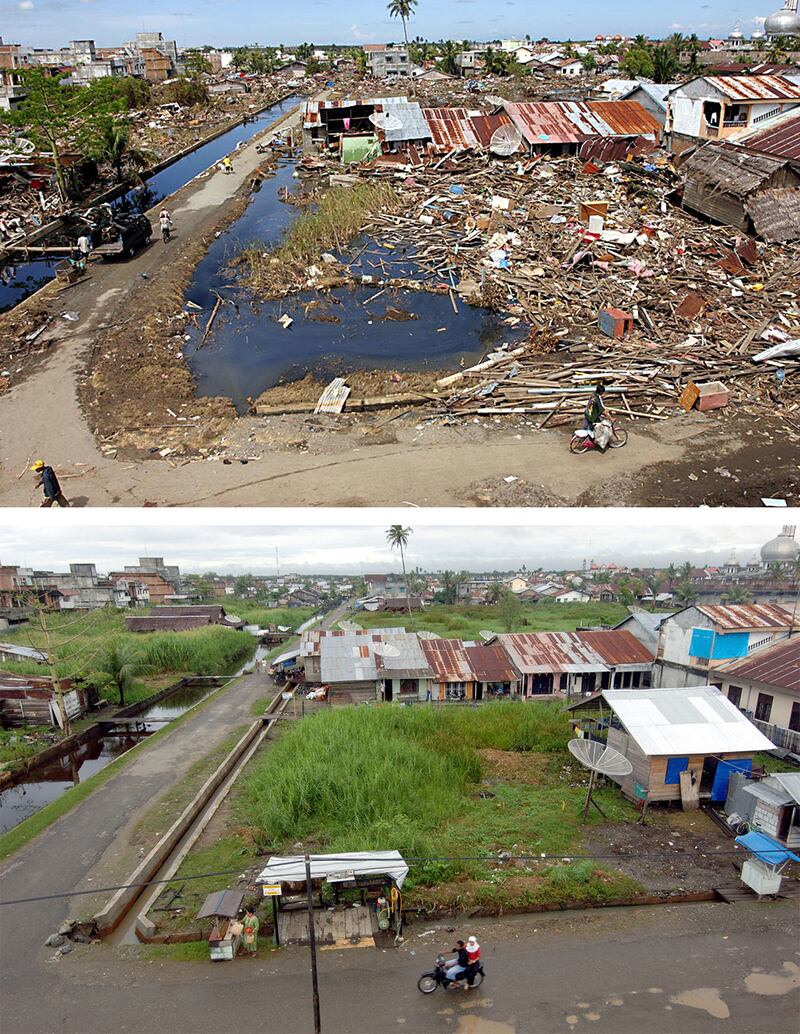 Top: Wreckage from the tsunami is seen in Meulaboh, a city in Aceh province, Indonesia, Dec. 31, 2004. Bottom: The same area is seen on Dec. 4, 2005.