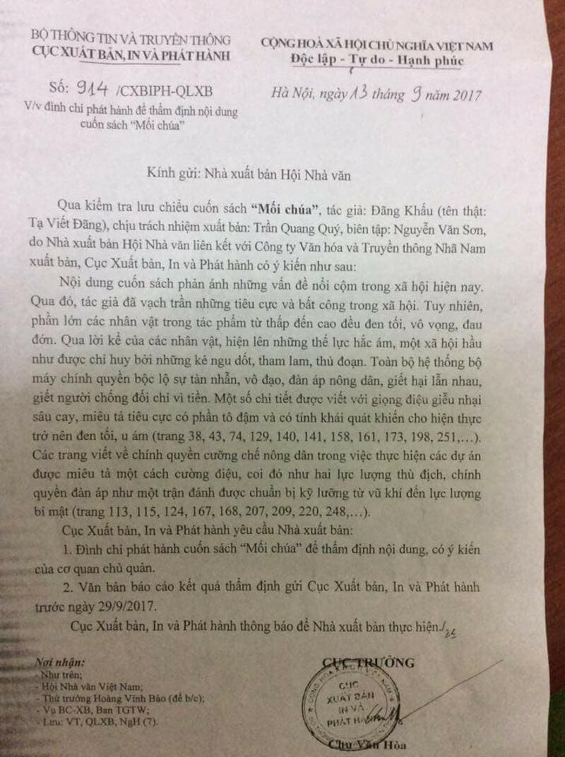 Văn bản đình chỉ phát hành để thẩm định về nội dung tiểu thuyết “Mối Chúa” của nhà văn Tạ Duy Anh