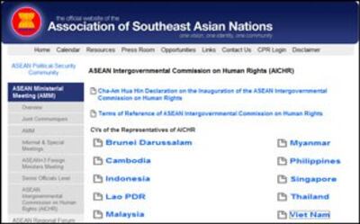 Danh sách đại biệu các quốc gia trong Ủy Ban Liên Chính Phủ ASEAN Về Nhân Quyền. RFA screen cap.