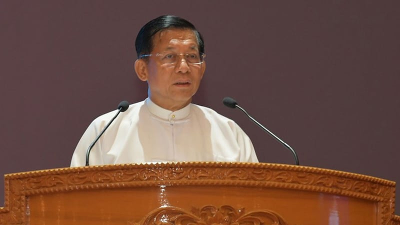 Myanmar junta leader Senior Gen. Min Aung Hlaing, seen Aug. 8, 2023, says some countries are using the US dollar as a weapon when buying the fuel, fertilizers and other materials needed for food security. Credit: Myanmar military