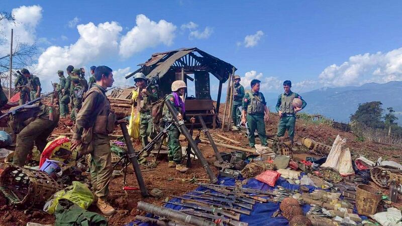 Myanmar National Democratic Alliance Army troops patrol a captured military junta camp in northern Shan state, Myanmar, Oct. 29, 2023. (AFP)