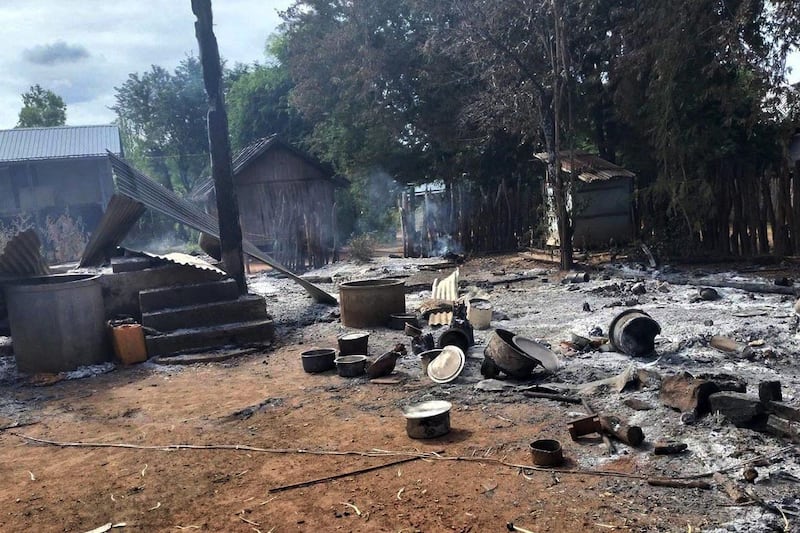 Houses  damaged by arson attacks in Pwintbyu town of Magway region, Myanmar,  were seen on Nov. 29, 2024.