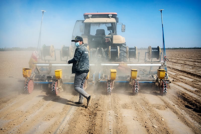 Workers plant a cotton field near Urumqi in western China's Xinjiang Uyghur Autonomous Region,  April 21, 2021.