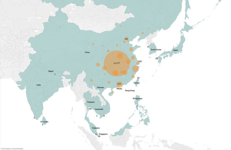 A map showing the latest confirmed cases of the novel coronavirus (nCoV) in Asia. RFA Photo: RFA