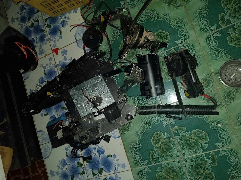 Debris reportedly belonging to a drone, which was shot down by Myanmar resistance fighters, is seen in southeastern Myanmar, in this picture released June 11, 2024. (Angry Bird Drone Rangers via Reuters)