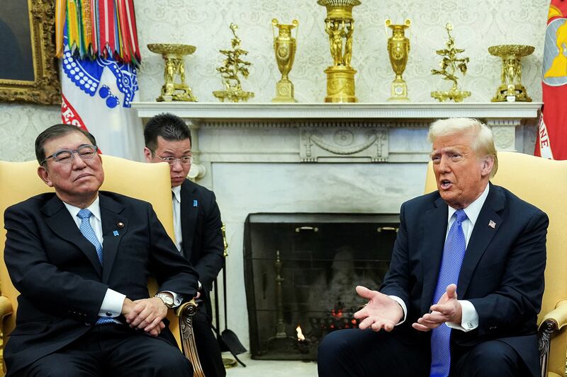 President Donald Trump meets with Japan's Prime Minister Shigeru Ishiba at the White House in Washington, Feb. 7, 2025.