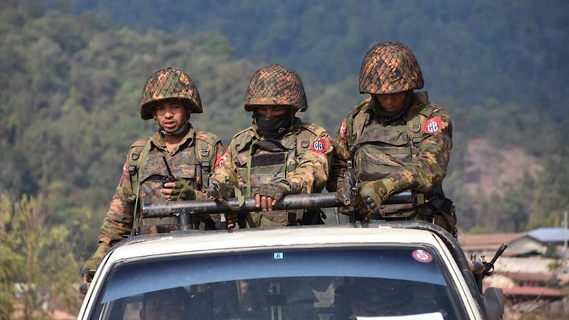 Myanmar army troops patrol in the sub-township of Kawng Hkar in Kutkai, northern Shan State, March 6, 2020. Credit: RFA