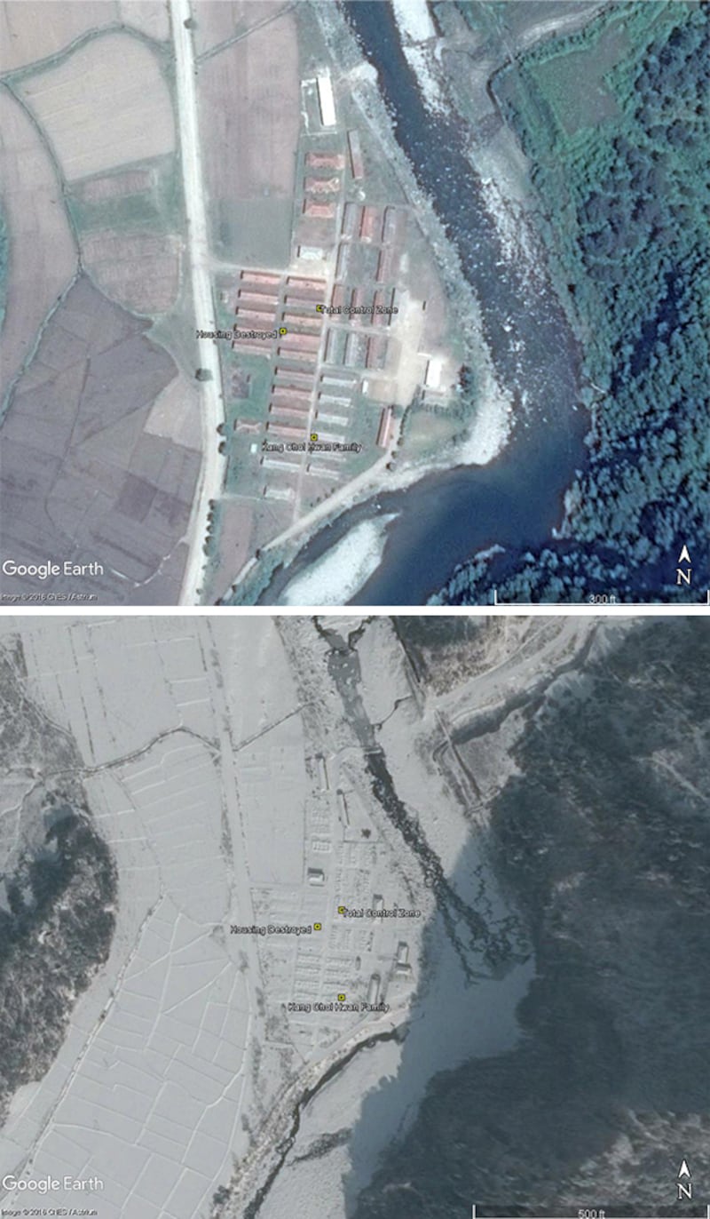 요덕 정치범 수용소에서 수감 시설을 철거하기 전 윗사진(2016년 6월 2일)과 후(2017년 2월 19일)의 모습. 