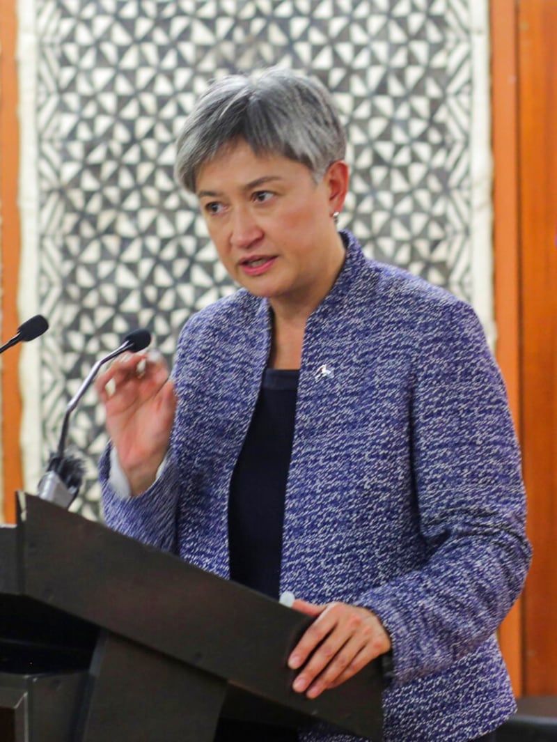 Australia's Foreign Minister Senator Penny Wong speaks in Suva, Fiji, Thursday, May 26, 2022. Wong says it was up to each island nation to decide what partnerships they formed and what agreements they signed, but urged them to consider the benefits of sticking with Australia. Credit: Fiji Sun via AP.